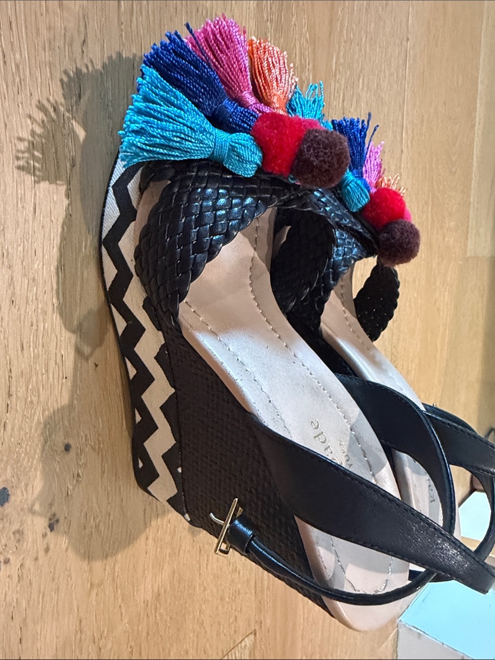 Kate Spade Women’s Black Woven Wedge Sandals with Multicolor Tassels - Picture 4 of 5